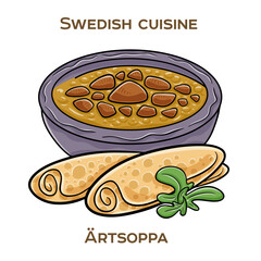 Artsoppa is a hearty yellow pea soup, traditionally served with thin, savory pancakes as a comforting and satisfying meal. Hand-drawn vector illustration