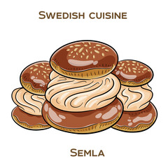 Semla is a traditional Swedish sweet bun filled with almond paste and whipped cream. Hand-drawn vector illustration