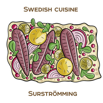 Surstr&ouml;mming is a notorious Swedish delicacy consisting of fermented Baltic Sea herring. Hand-drawn vector illustration