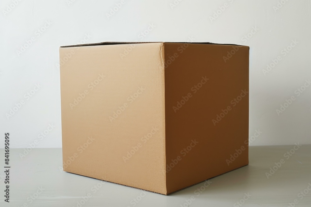 Poster minimalist shot of a plain cardboard box isolated on a white background with soft shadows