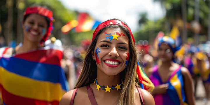 Joyful Celebration on Venezuelan Independence Day. A smiling woman with face paint and vibrant decorations celebrates Venezuelan Independence Day amidst a festive crowd. Perfect for stock images of  - Powered by Adobe