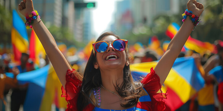 Joyful Celebration on Venezuelan Independence Day. A smiling woman with face paint and vibrant decorations celebrates Venezuelan Independence Day amidst a festive crowd. Perfect for stock images of 