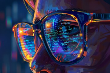 Close-up of glasses reflecting colorful computer code, illustrating focus, technology, and programming in a digital environment.