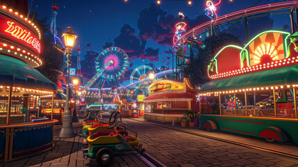 A neon-lit amusement park with a Ferris wheel and a carousel. Festival