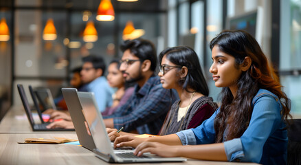 Diverse group of Indian office workers working on laptops in a modern open space, side view