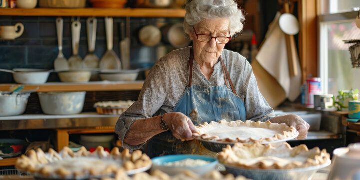 a Caucasian retired woman baking pies for a local fundraiser
