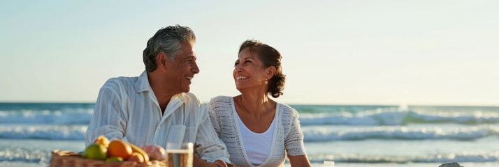 a Hispanic retired couple enjoying a beach picnic with family