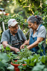a Hispanic retired couple volunteering at a community garden