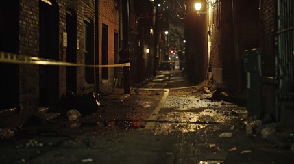 A dimly lit alley at night featuring a chalk outline and police tape, creating a tense and ominous crime scene atmosphere.