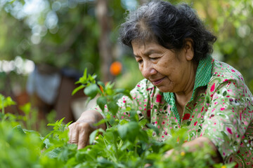 Obraz premium a Hispanic retired woman taking care of her herb garden