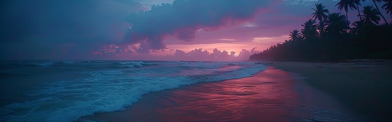 Beach at sunset with palm trees against a background of purple and pink sky reflected in the water.
Concept: romance, relaxation, exotic vacation, sunset on the beach, natural beauty, tropical paradis