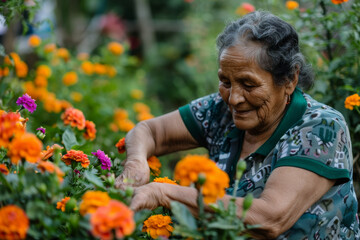 a Hispanic retired woman tending to a vibrant flower garden