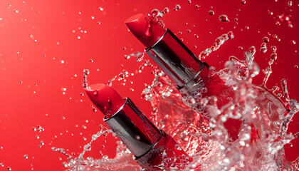 close-up on two red lipsticks in splashes of water on a red background