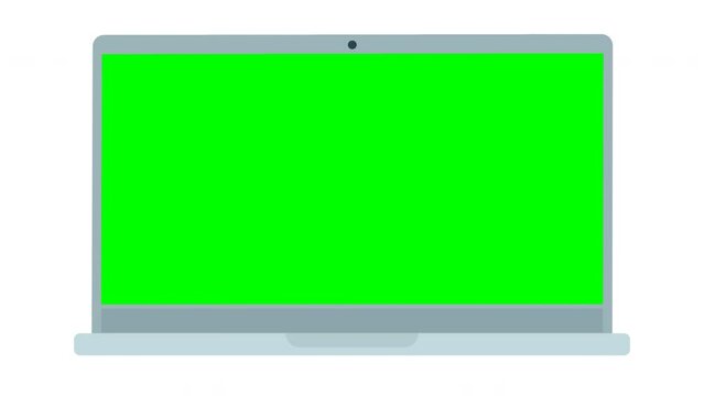 Appearance of a laptop with its opening from the back with appearance of a green screen on the screen in flat design style on white background