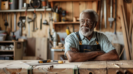 an African American retired man woodworking in his home workshop