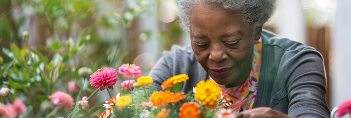an African American retired woman arranging flowers in her garden
