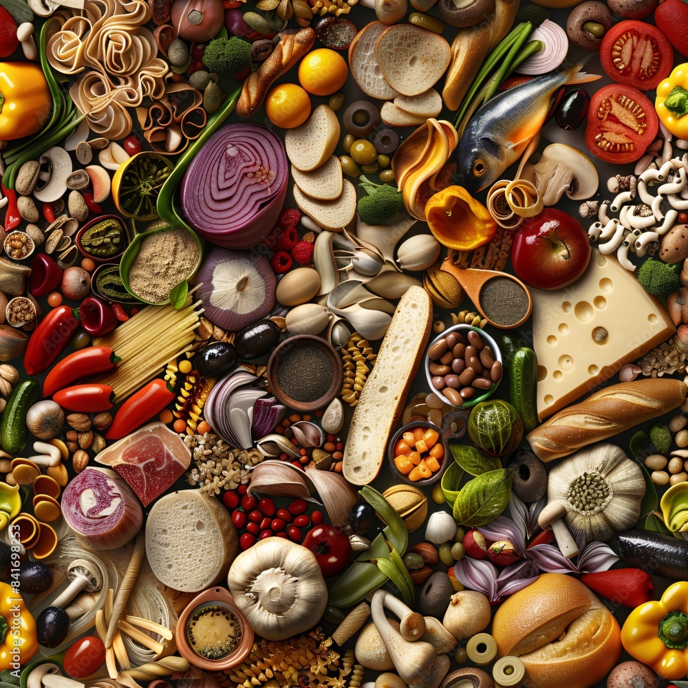 Aufkleber detailed 3d render of food textures, featuring an array of ingredients and culinary elements arrange