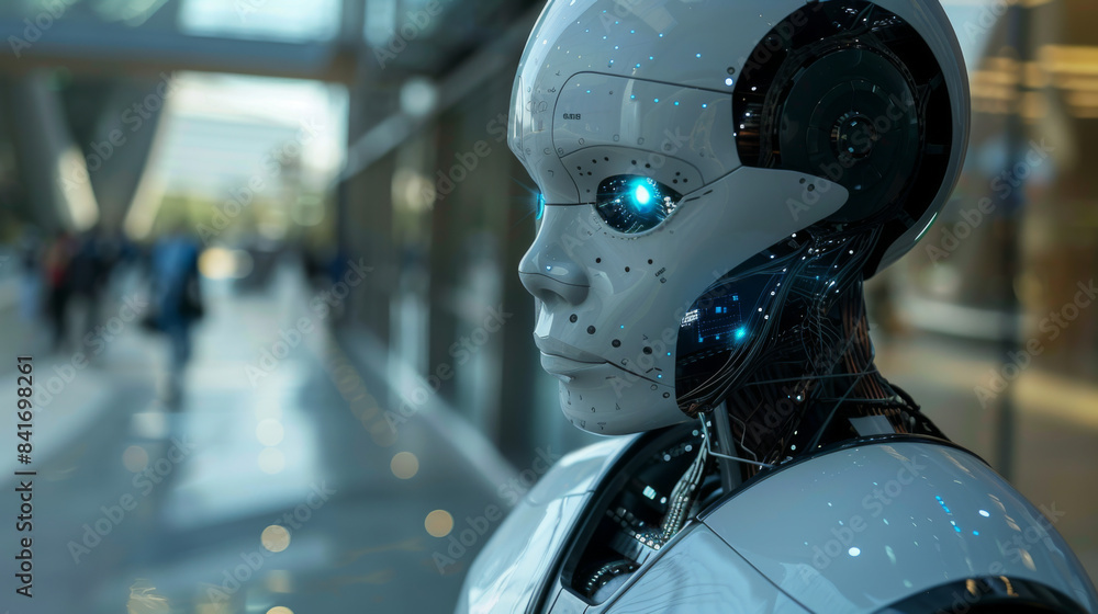 Poster close-up view of an advanced humanoid robot, showcasing cutting-edge technology and artificial intel