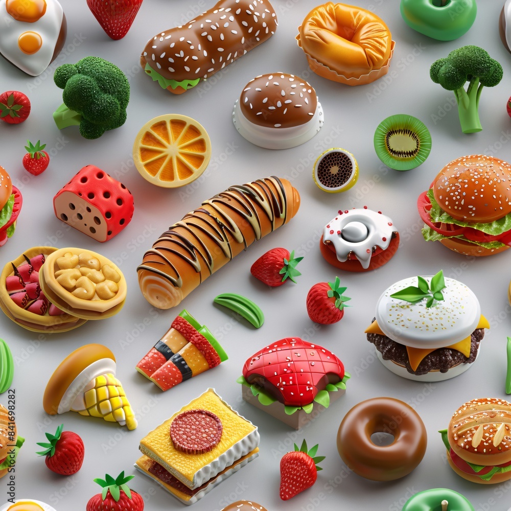 Poster seamless pattern of 3d-rendered food textures, highlighting different textures and colors of various