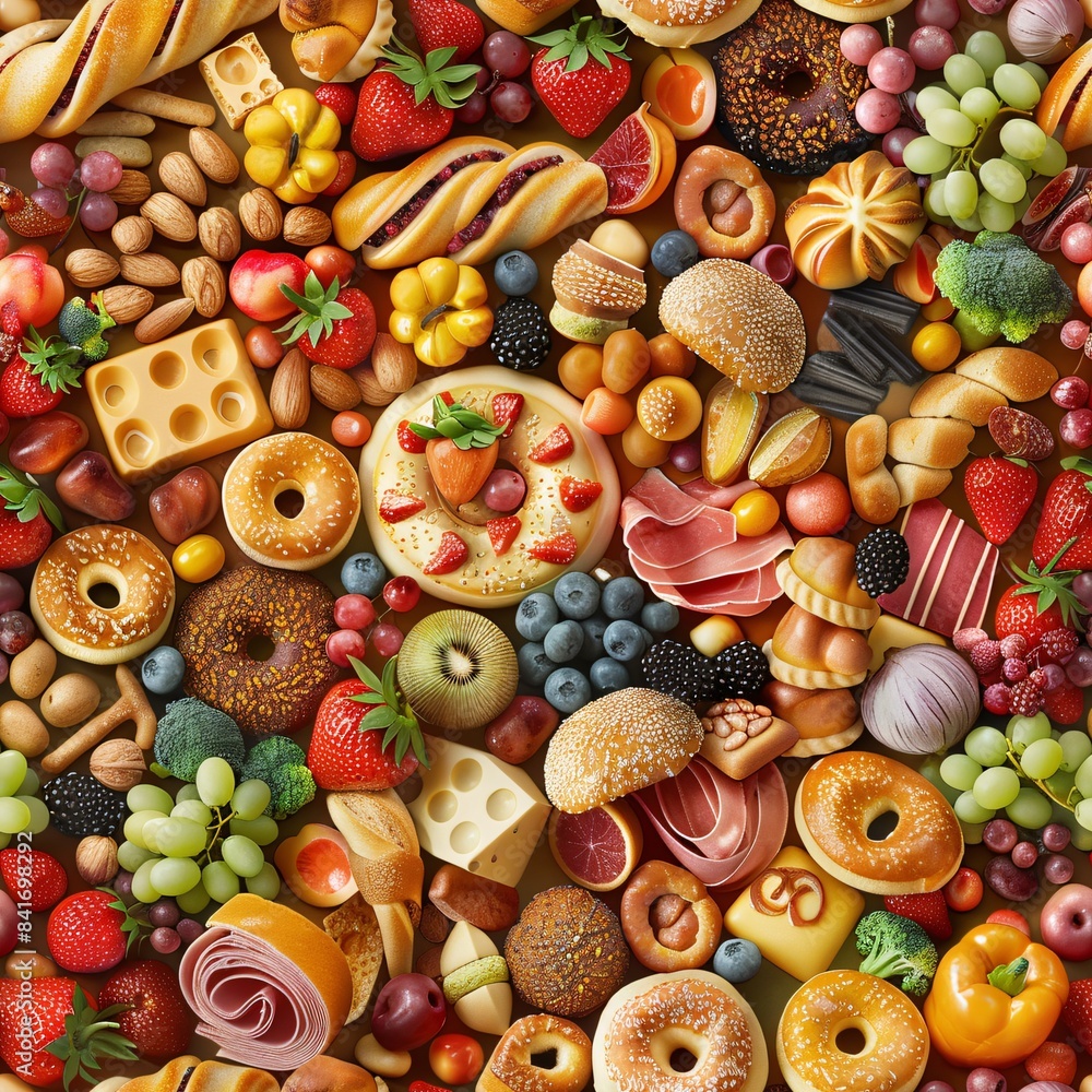 Poster seamless pattern of 3d-rendered food textures, highlighting different textures and colors of various