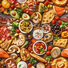 Seamless pattern of 3D-rendered food textures, showcasing various ingredients and dishes arranged uniformly to create a cohesive design