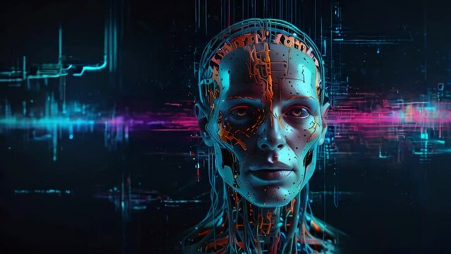 The face is made up of a series of small lights and wires. The lights are arranged in a way that suggests that the woman is crying. The image is set against a dark background