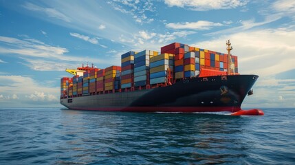 Fototapeta premium container ship in import export and business logistic.By crane ,Trade Port , Shipping.cargo to harbor.Aerial view.Water transport.International.Shell Marine.Top view. 