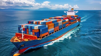 Fototapeta premium container ship in import export and business logistic.By crane ,Trade Port , Shipping.cargo to harbor.Aerial view.Water transport.International.Shell Marine.Top view. 