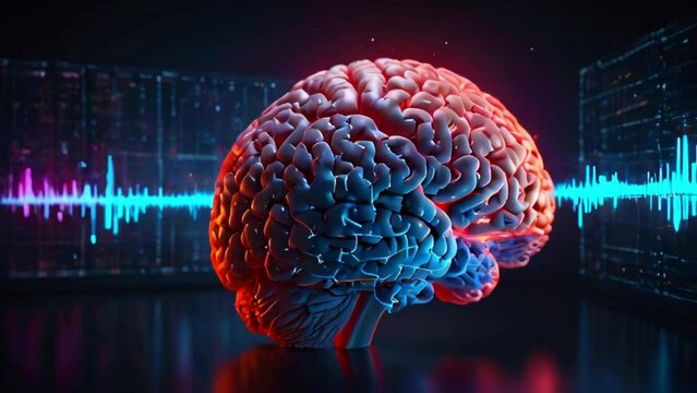 A brain with a blue and red color scheme. Sound waves in varying shades of purple are depicted on either side of the brain