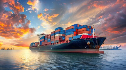 container ship in import export and business logistic.By crane ,Trade Port , Shipping.cargo to harbor.Aerial view.Water transport.International.Shell Marine.Top view.	