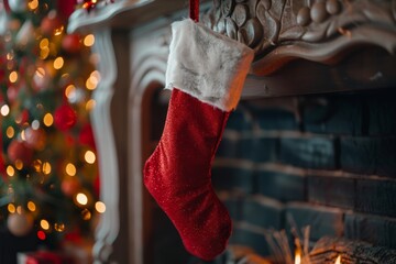 Red Christmas Stocking Hanging Above a Fireplace