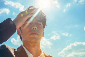 熱中症のイメージ。スーツを着た中年のアジア人の男性。An image of heatstroke: a middle-aged Asian man in a suit.