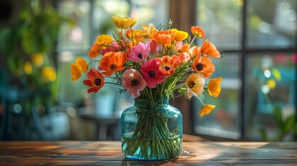 Colorful Lily Bouquet in a Blue Vase on a Wooden Table