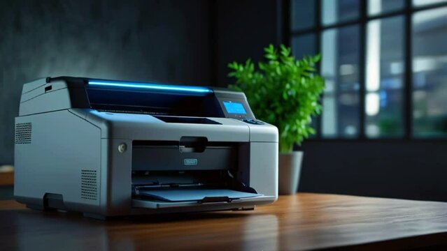 There is a printer on a wooden table. There is a plant on the right of the printer. There is a window on the right of the plant
