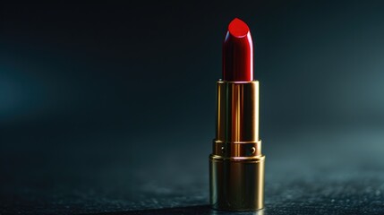 Cherish luxury: Exquisite red lipstick with a golden case on a sophisticated black backdrop, a timeless beauty statement