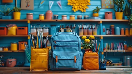 A top view of a trendy backpack surrounded by an array of art supplies like watercolors, brushes, and sketchbooks, neatly displayed with clear copy space in the center.