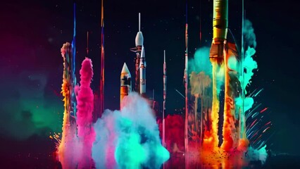 This is an video of multiple rockets launching from a launch pad. The rockets are surrounded by colorful smoke and flames.