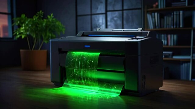 Black printer with green lights projecting from the paper tray.