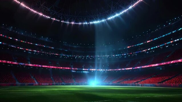 This is a night scene of an empty soccer stadium with the lights on.