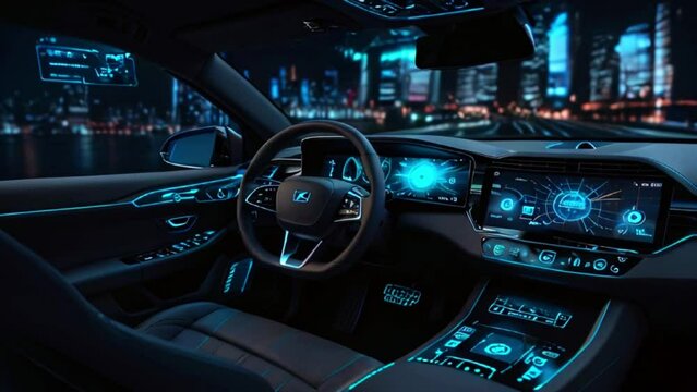 The video shows the inside of a car with a futuristic dashboard.