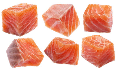 Collection of salmon cubes, cut raw red fish fillet isolated on white background. File contains clipping paths.
