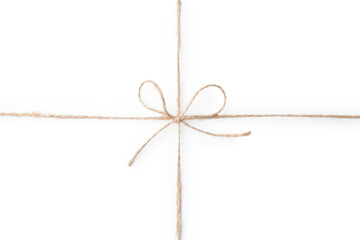Linen rope string with bow isolated on white, top view