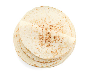 Many tasty homemade tortillas isolated on white, top view