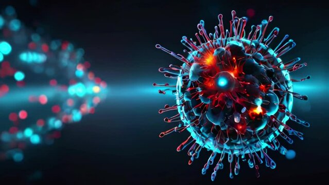 This is a virus. It is blue and red and looks like a sphere with spikes coming out of it.