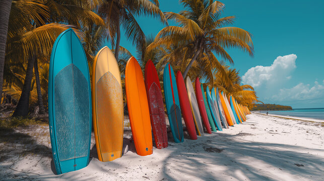 A row of surfboards are lined up on a beach. The scene is bright and sunny. colorful surfboards on a line at the beach, sunny weather, white sand, palmt rees in background. Vibrant colors.