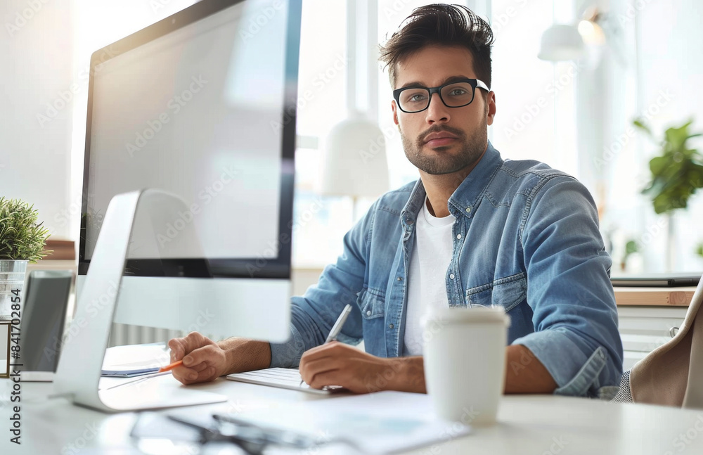Aufkleber man working at computer desk in office