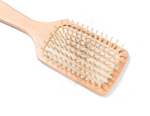 Wooden brush with lost hair isolated on white, above view
