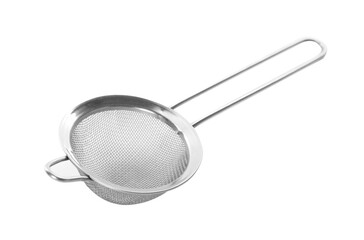 One metal sieve isolated on white. Cooking utensil
