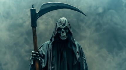 Sinister grim reaper reaching out on eerie dark background with space for text overlay
