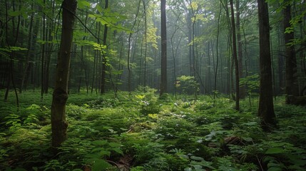 Fototapeta premium Lush Green Forest Path During Early Morning Sunlight